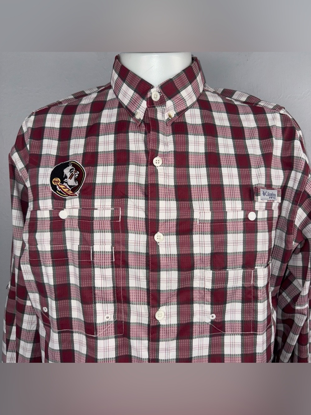 Columbia PFG Florida State Seminoles Shirt XL Burgundy & White Gingham Fishing - Picture 2 of 9